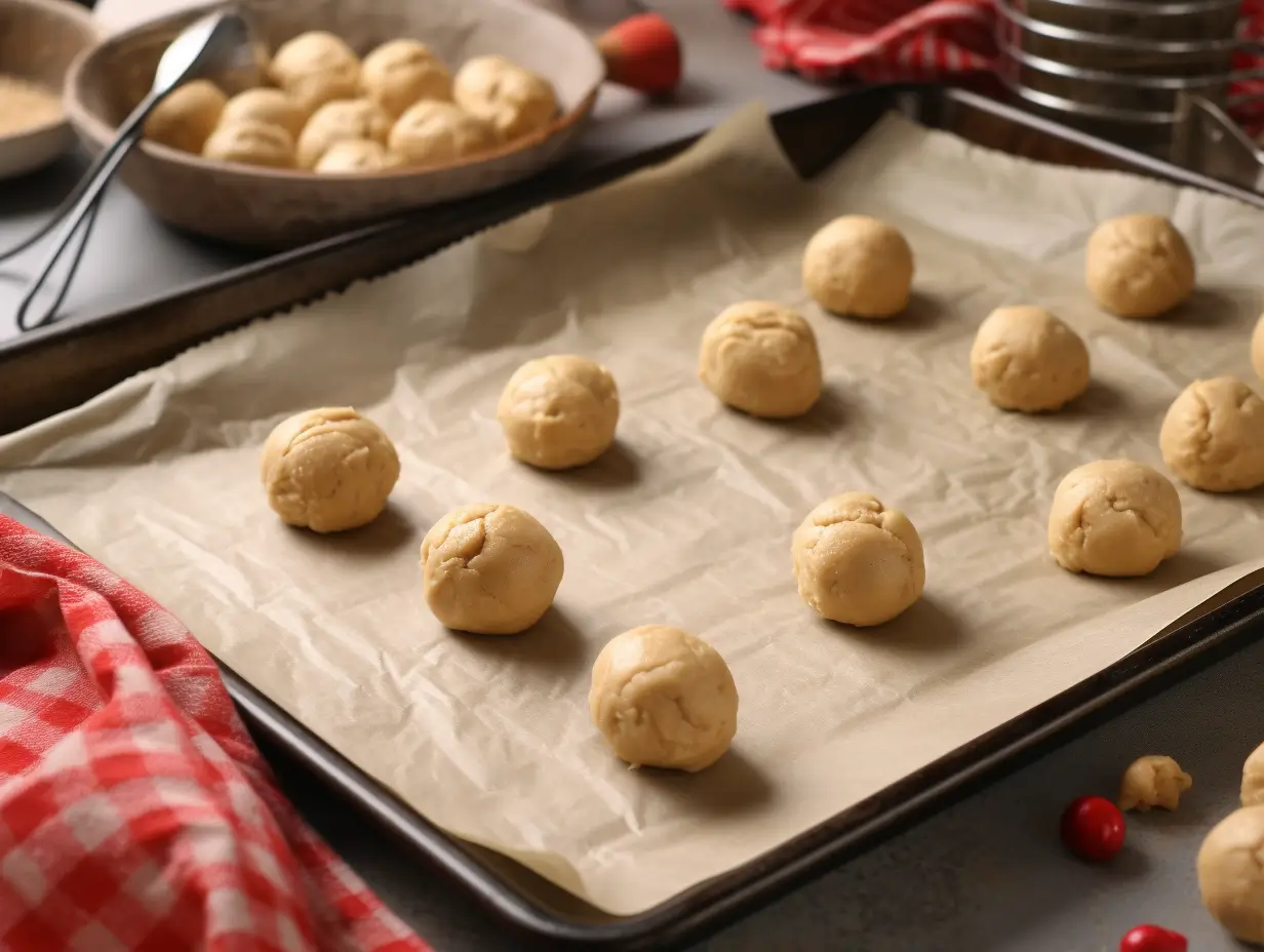 Close-up of peanut butter cookie dough balls with a crisscross fork pattern on a baking sheet.