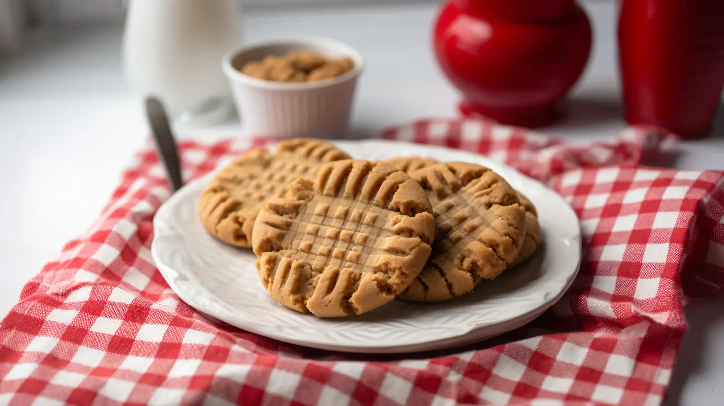 A plate of freshly baked Jif Peanut Butter Cookies with a crisscross fork pattern, served on a red-and-white checkered napkin with a white marble background.