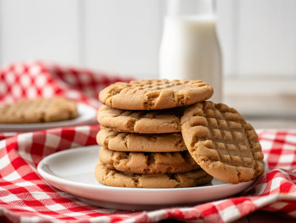 A stack of golden-brown Jif Peanut Butter Cookies with a crisscross fork pattern, placed on a white plate.