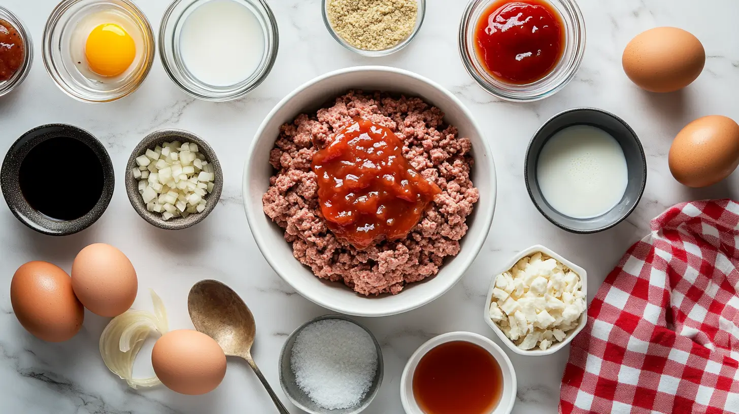 A top-down view of essential ingredients for juicy meatloaf, including ground beef, eggs, milk, and breadcrumbs.