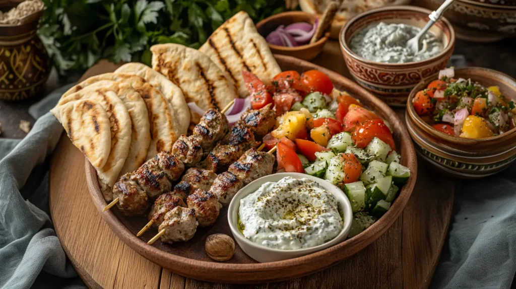 Greek souvlaki platter with tzatziki, pita, and salad