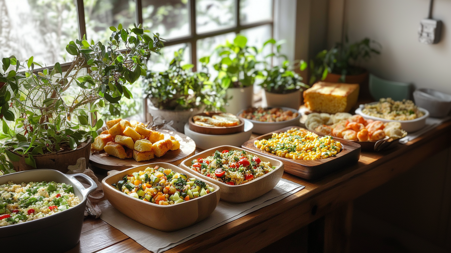 A dinner table with side dishes like quinoa salad, cornbread, and roasted vegetables.