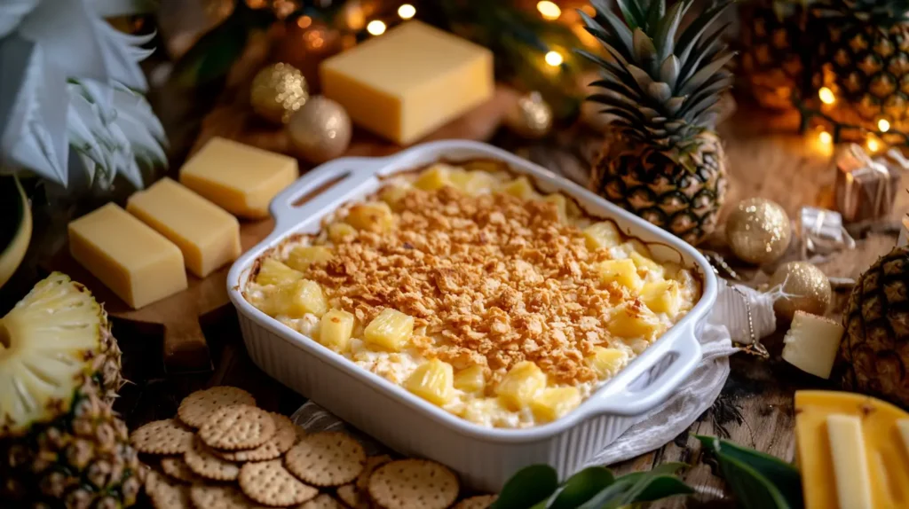 Golden-brown pineapple casserole  recipe with a cracker topping in a white dish. Let me know if you need further assistance!