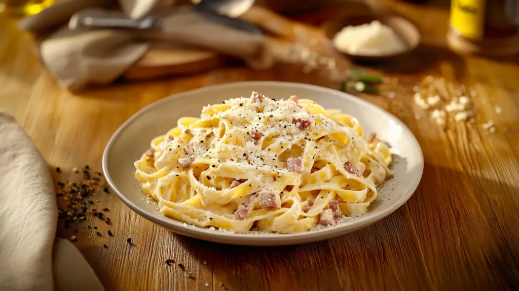 A plate of fettuccine carbonara with cheese and pepper.