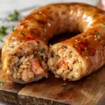 A sliced Seafood Boudin sausage revealing a rich, seasoned crab and shrimp filling, plated with Creole mustard.