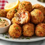 A plate of crispy Seafood Boudin Balls with a creamy remoulade dipping sauce.