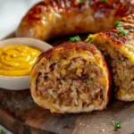 A sliced Boudin sausage showing a rich, seasoned pork and rice filling, plated with Creole mustard.