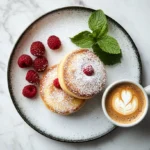 Beautifully plated friands on a white marble background.