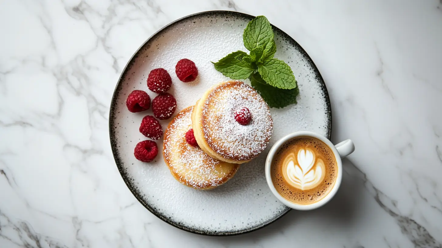 Beautifully plated friands on a white marble background.