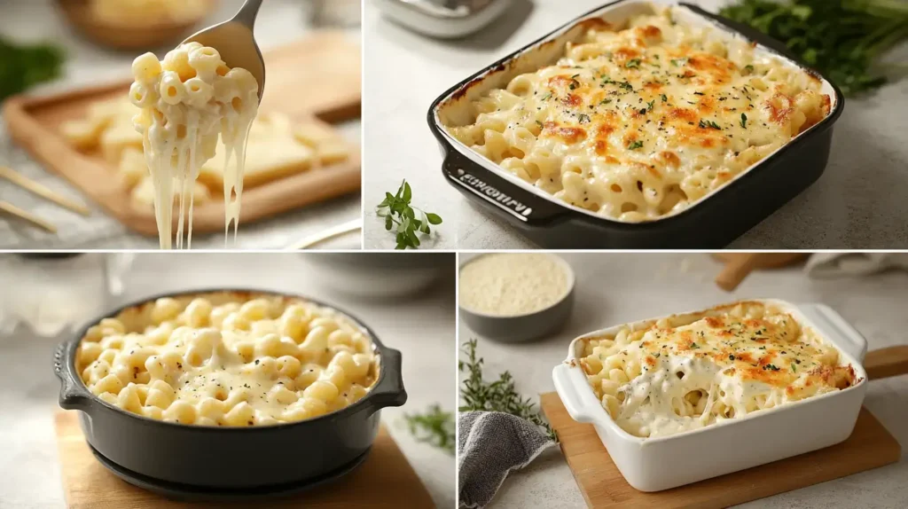 Step-by-step preparation of protein mac and cheese, from mixing to baking.