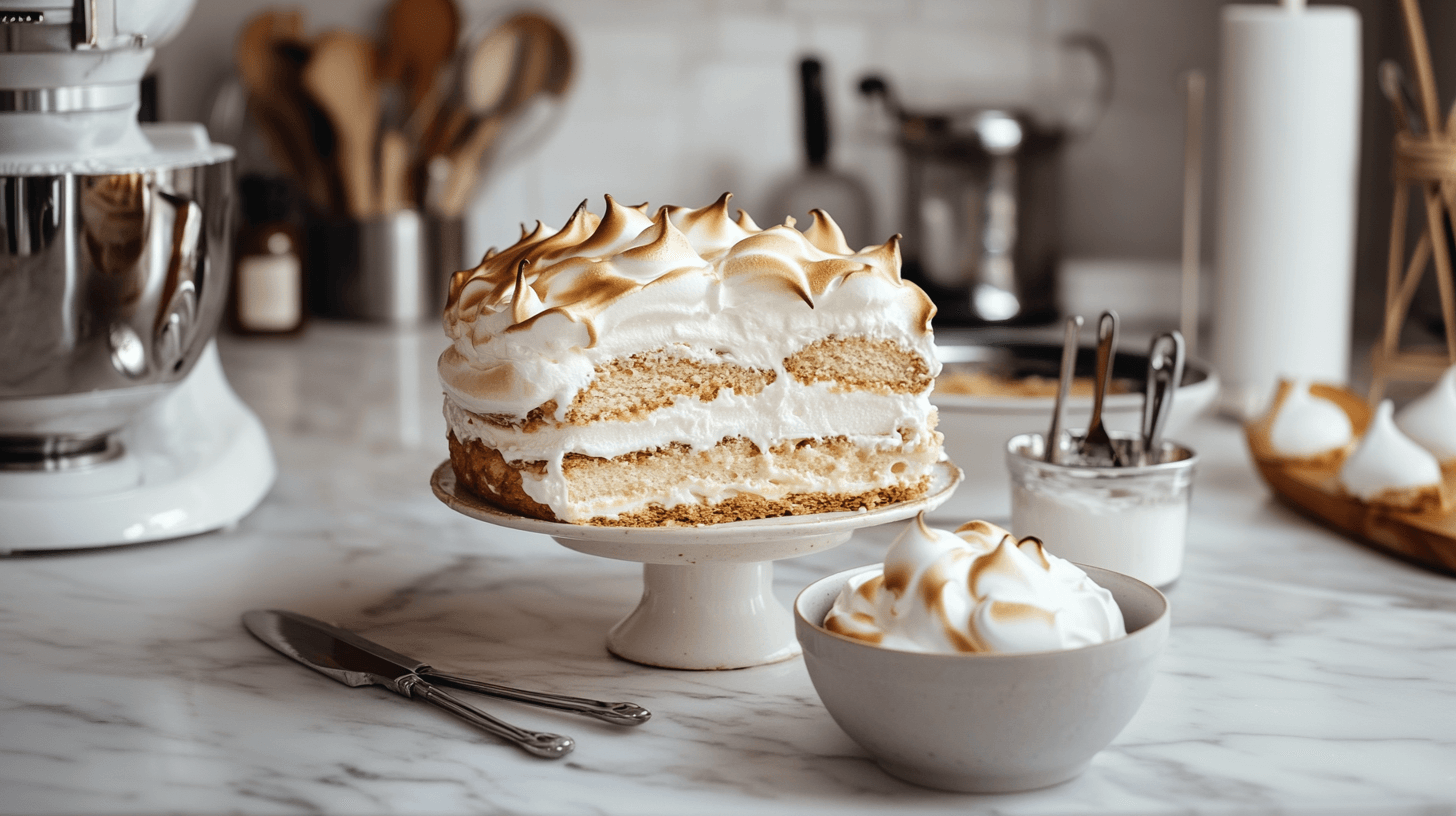 A golden Baked Alaska with visible layers of ice cream and cake.