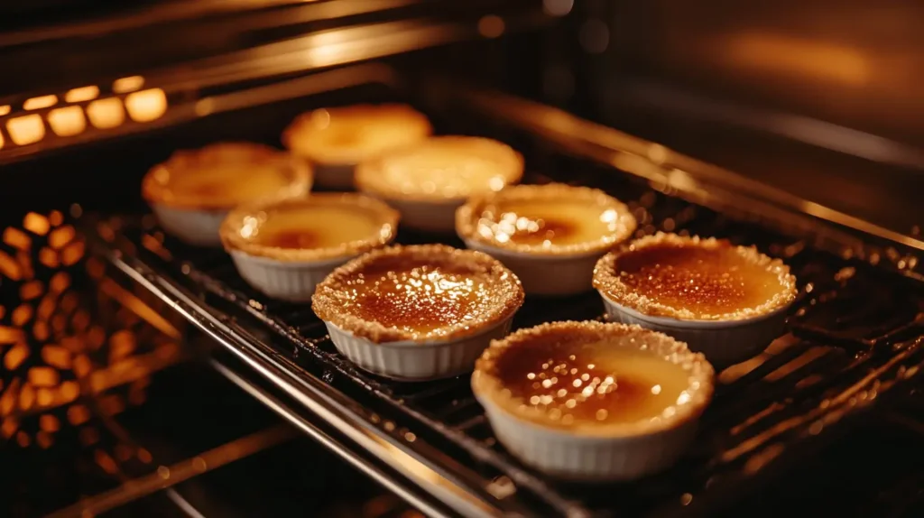 Crème brûlée ramekins inside an oven during caramelisation