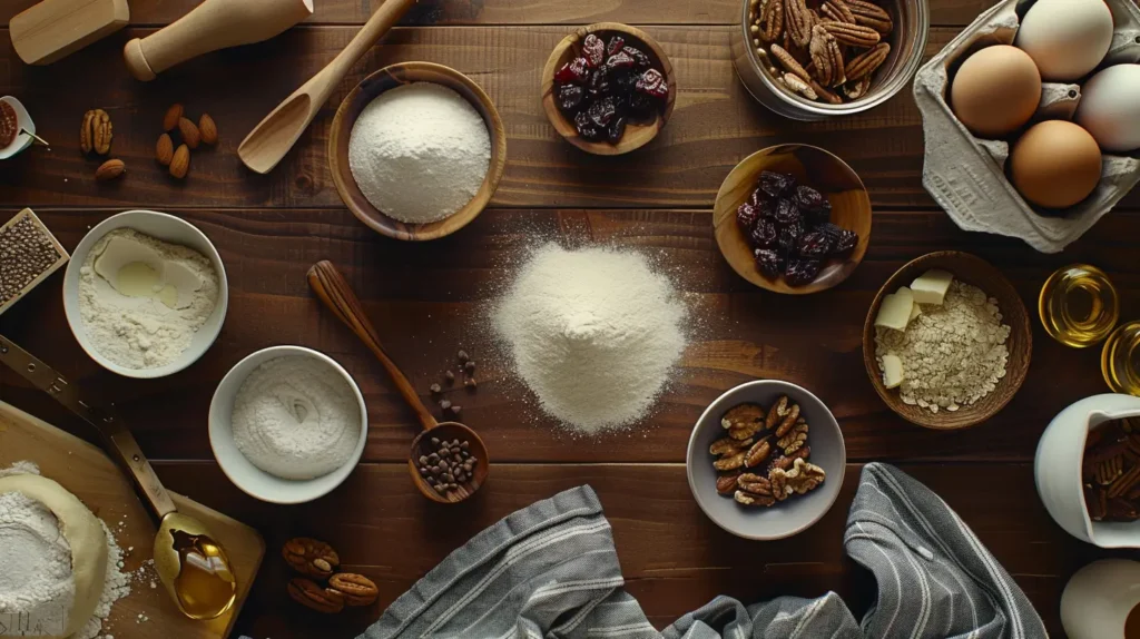 Ingredients for the 100 cookie recipe, including flour, sugar, butter, eggs, and chocolate chips, arranged on a wooden surface.