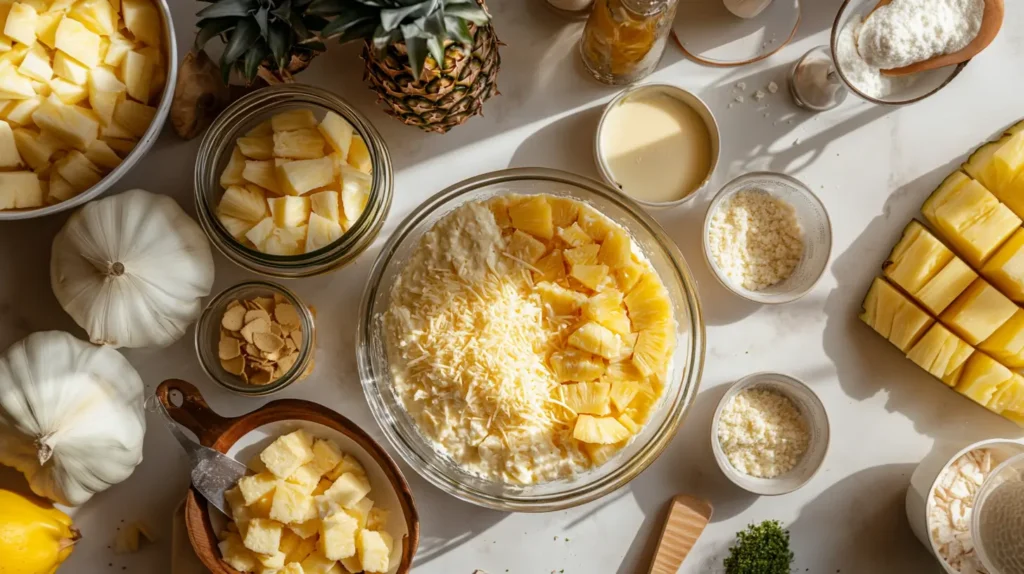 Ingredients for pineapple casserole arranged on a countertop.