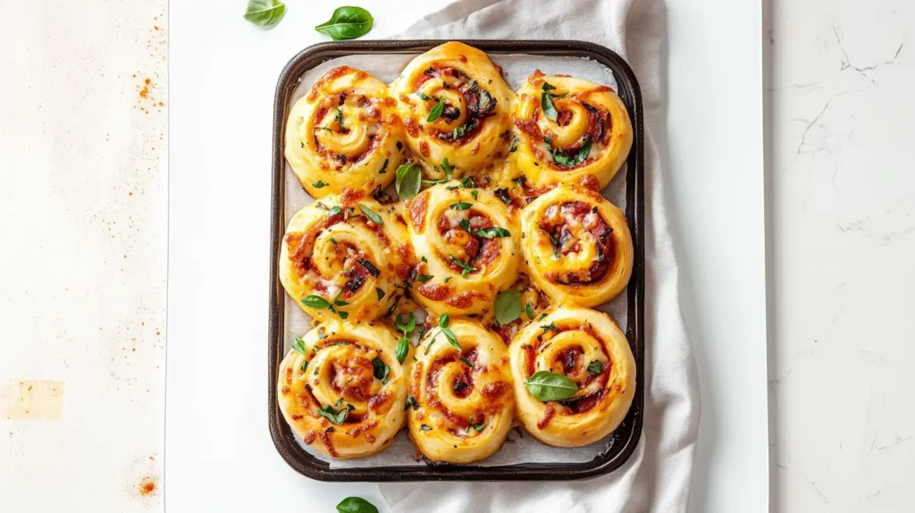 A tray of freshly baked golden-brown pizza scrolls with melted cheese, crispy bacon, and fresh basil leaves, placed on parchment paper in a baking tray.