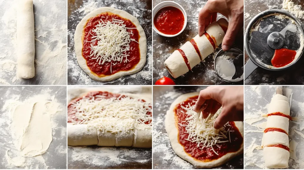 Step-by-step process of making pizza scrolls, from rolling out the dough to adding tomato sauce and cheese, rolling, and slicing before baking