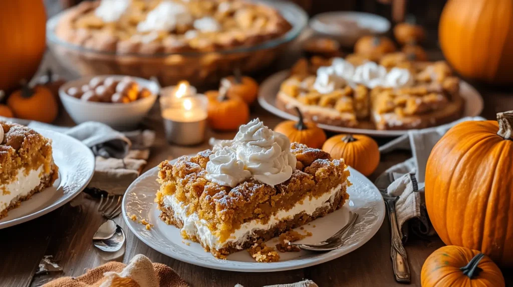 Slice of pumpkin dump cake topped with whipped cream and cinnamon.