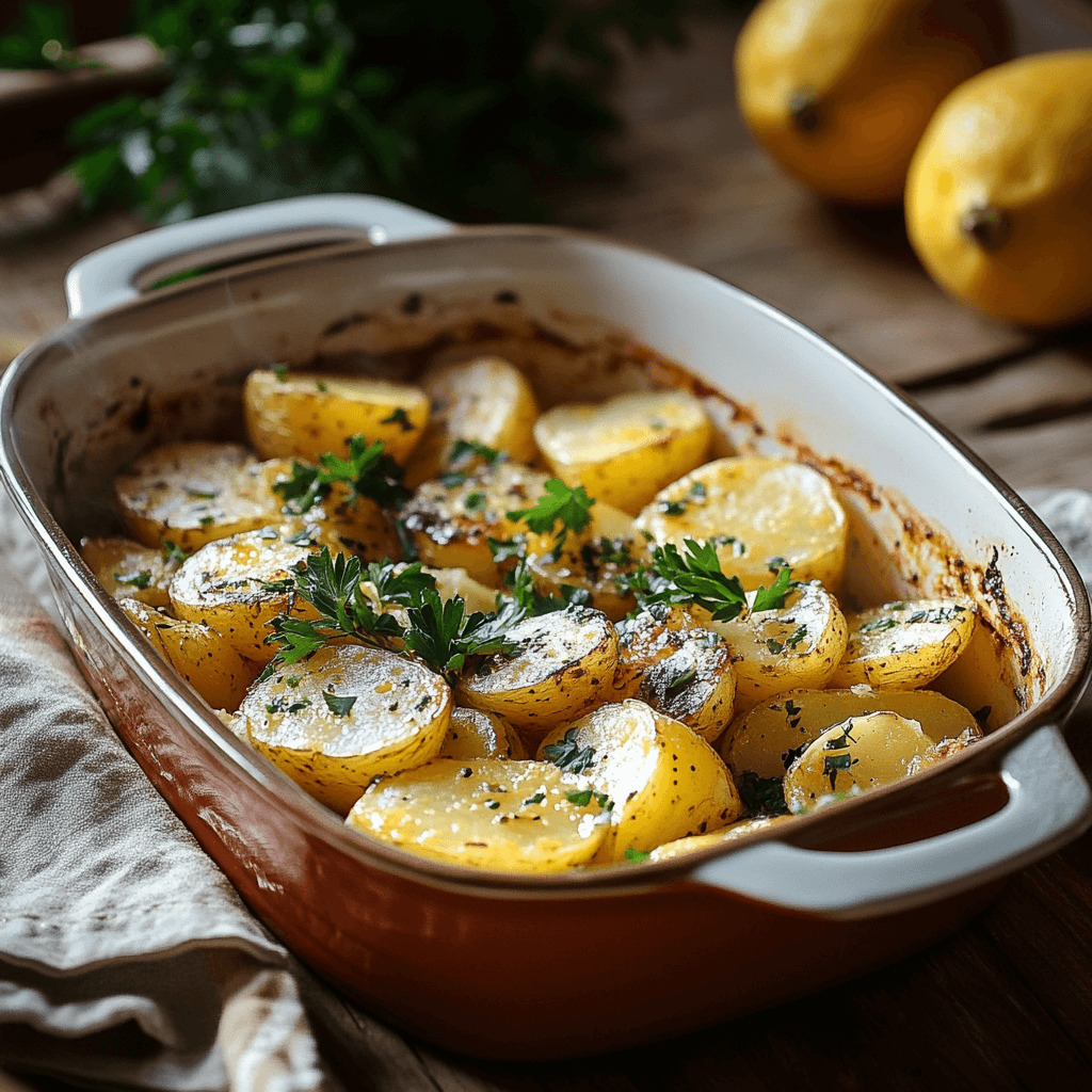 Greek lemon potatoes served in a ceramic dish