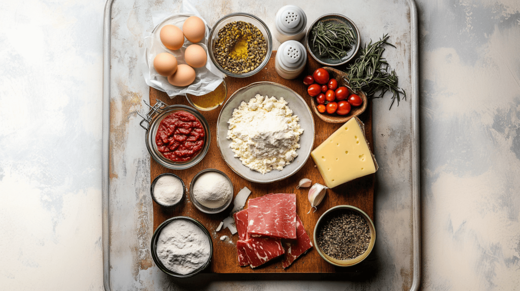 A top-down view of fresh pizza scroll ingredients, including flour, cheese, tomato sauce, eggs, cherry tomatoes, herbs, spices, and sliced cured meat, arranged on a wooden board