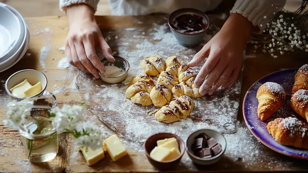 Close-up of hands shaping Gipfeli dough with ingredients nearby.