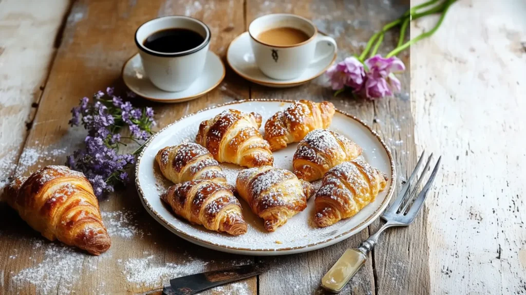 Freshly baked Gipfeli pastries with coffee on a rustic table.