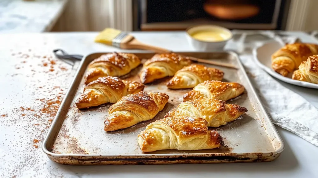 Freshly baked Gipfeli pastries on a baking tray.